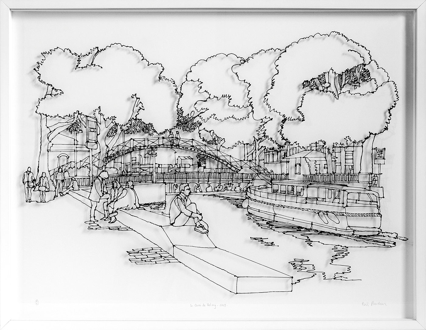 Canal Saint Martin Paris, dessin en fil 3d noir et blanc encadré