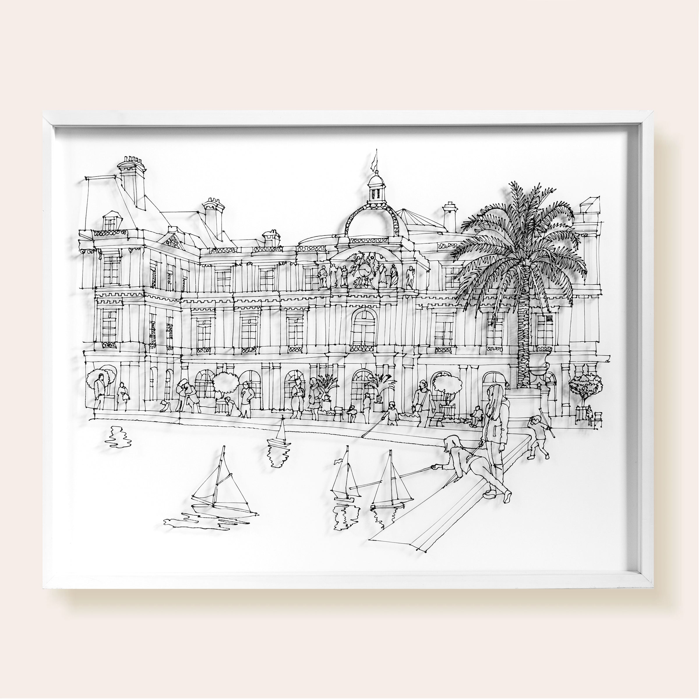 vue du Sénat et du bassin du Jardin du Luxembourg. Un palmier en premier plan et des enfants autour du bassin qui jouent avec les bateaux. Dessin en fil 3D noir sur fond blanc.