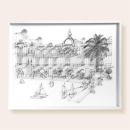 vue du Sénat et du bassin du Jardin du Luxembourg. Un palmier en premier plan et des enfants autour du bassin qui jouent avec les bateaux. Dessin en fil 3D noir sur fond blanc.