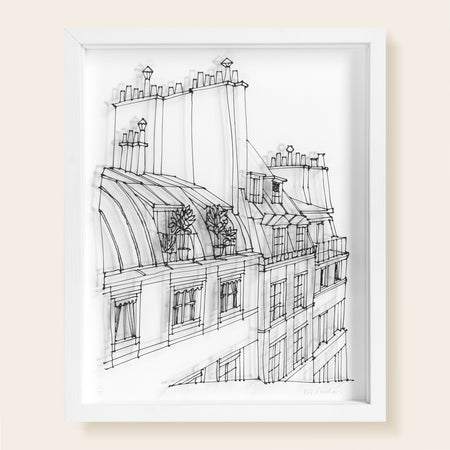 Cheminées, toits en zinc, plantes sur les balcons, fenêtres et façades de Paris, dessin en fil 3D noir sur fond blanc, joue avec l'ombre et la lumière