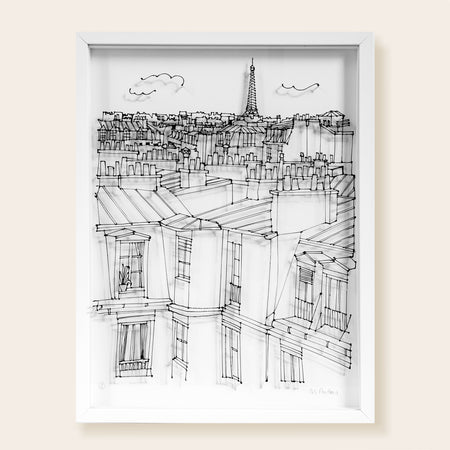 dessin en fil, 3D noir, Tour Eiffel, toits de Paris, cheminées, fenêtres, nuages