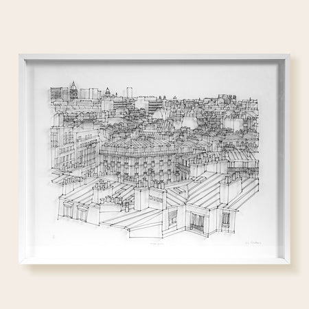 Vue des toits de Paris, dessin fil3D noir, fenêtres, cheminées