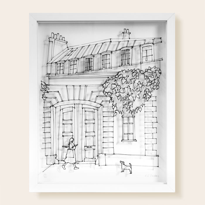 Toits de Paris, façades, fenêtres, toits en zinc, femme qui marche avec chien, dessin en fil 3D noir sur fond blanc, joue avec l'ombre et la lumière.