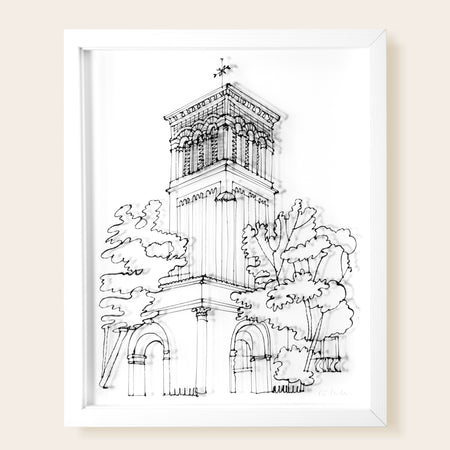 La cathédrale de Valence, la tour, arbre, dessin en fil 3D noir, sur fond blanc, joue avec l'ombre et la lumière