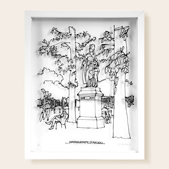 Jardin du Luxembourg, statue, Marguerite_d_Anjou, cycliste,homme assis dans fauteuil lisant, arbres et feuilles, dessin en fil 3D noir, Paris, joue avec l'ombre et la lumiere