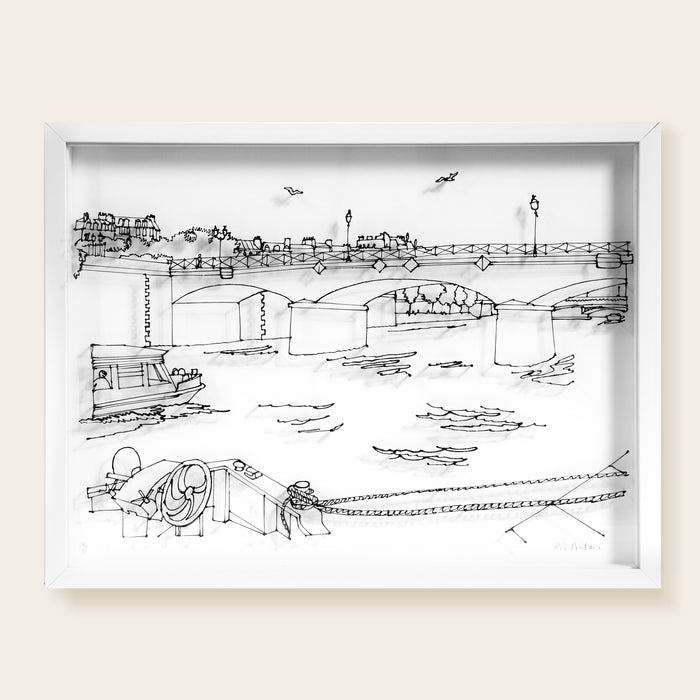 Pont de Paris, la Seine, les bateaux, oiseaux en vol, immeubles, dessin en fil 3D noir sur fond blanc, encadre,  joue avec l'ombre et la lumière.