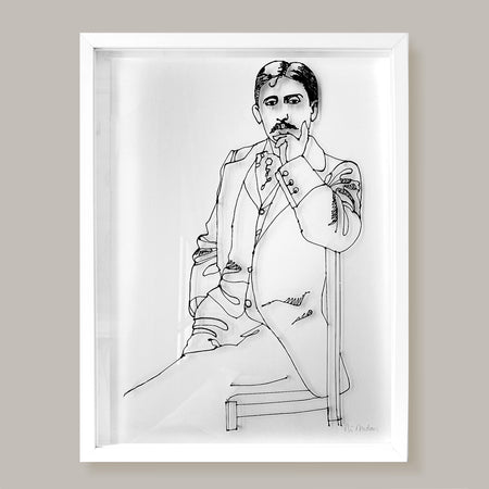 portrait de Marcel Proust, assis, de face, une main sous son visage, regarde le spectateur, dessin original en fil 3D noir, fond blanc, encadre, joue avec l'ombre et la lumiere