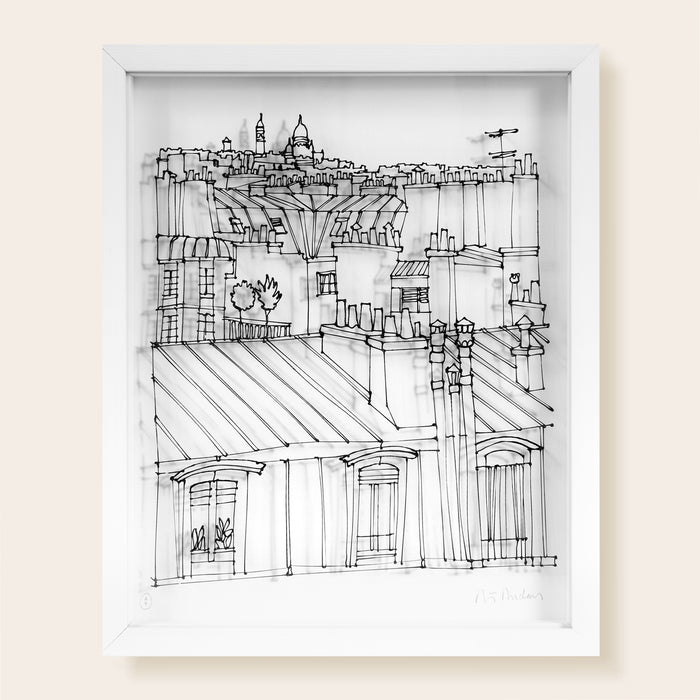 Montmartre, Sacre-Coeur, arbres, terrasse, antenne, Toits de Paris, cheminées, fenêtres, toits en zinc, dessin en fil 3D noir sur fond blanc, joue avec l'ombre et la lumière.