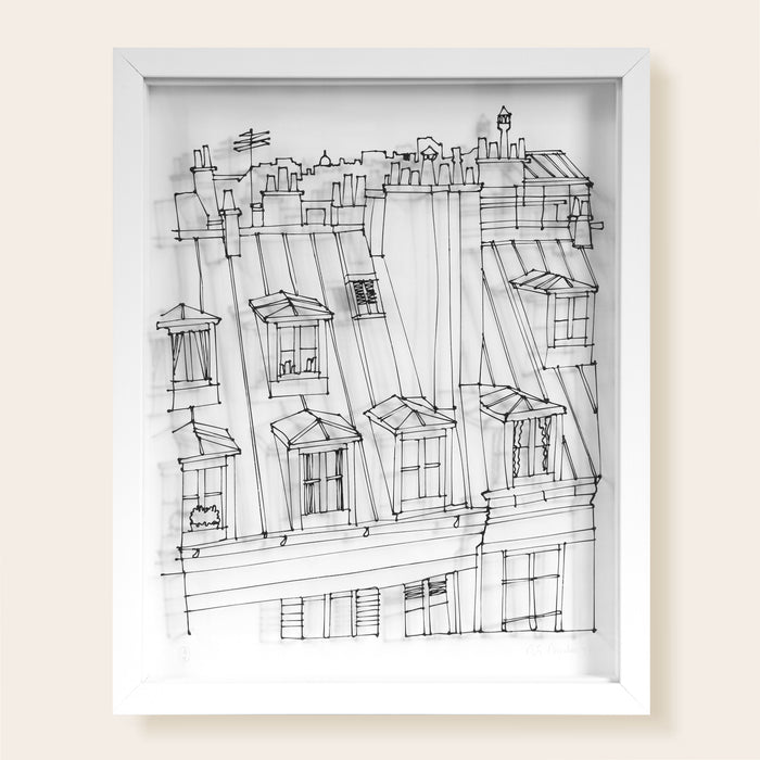 Toits de Paris, cheminées, fenêtres, toits en zinc, dessin en fil 3D noir sur fond blanc, joue avec l'ombre et la lumière.