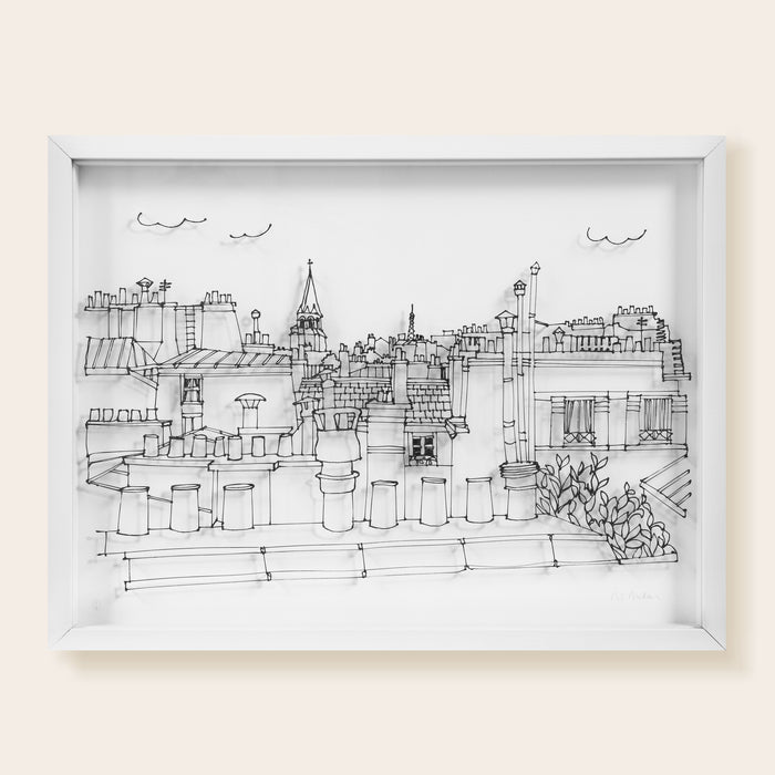 Toits de Paris, cheminées, église saint germain, fenêtres, toits en zinc, dessin en fil 3D noir sur fond blanc, encadre, joue avec l'ombre et la lumière.