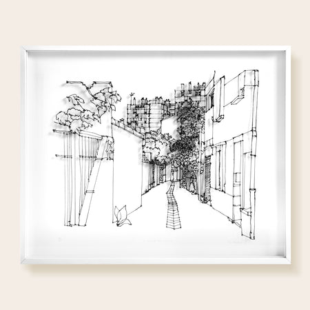 Dessin_fil3D_noir_rue_maison_feuillages_drawing3Dpen_street_houses_trees