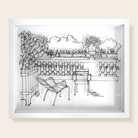 Un fauteuil et une chaise face à face devant une balustrade en pierre et une jarre de fleurs avec le jardin du Luxembourg en arrière-plan. Pelouses et arbres. Dessin en fil 3D noir sur fond blanc encadré; ombre et lumière  