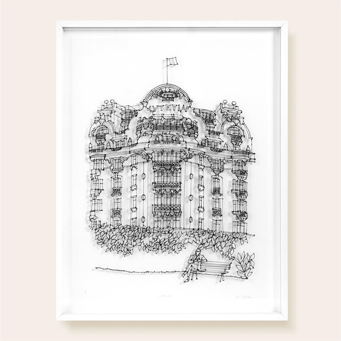 facade de l'hotel Le Lutetia, paris 6, dessin en fil 3D noir sur fond blanc, joue avec l'ombre et la lumiere