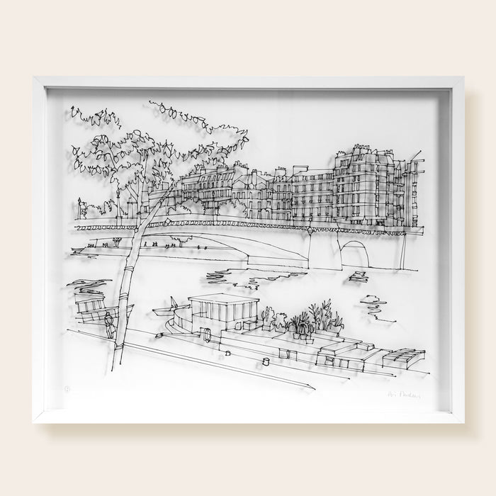 la Seine, peniche, pont de la Tournelle, arbres, plantes, facades, Paris, dessin en fil 3D noir sur fond blanc, encadre,  joue avec l'ombre et la lumière.