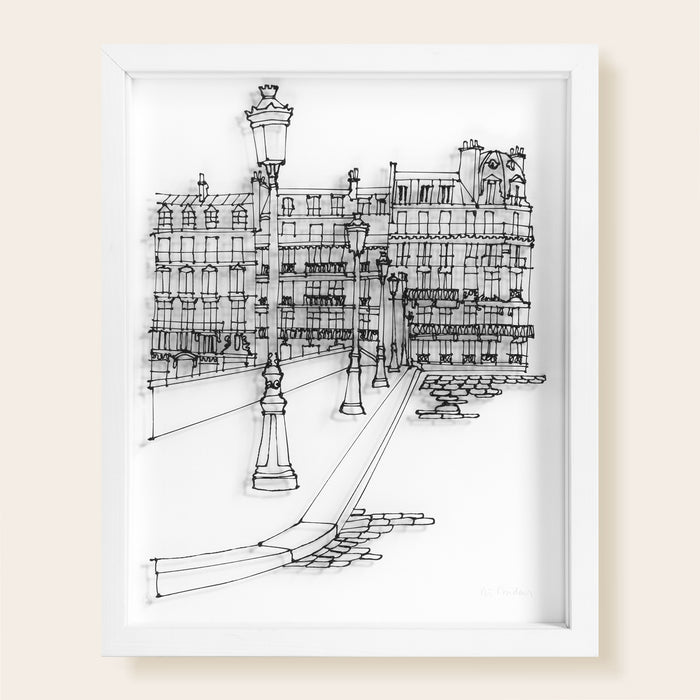 Toits de Paris, fenêtres, toits en zinc, lampadaires anciens, Pont Royal, paves, balcons, façades, dessin en fil 3D noir sur fond blanc, joue avec l'ombre et la lumière.